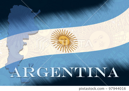 Drawing of the Argentina flag, space for text or images. Official colors. Schematic map of Argentina. Drawing of the Argentina flag, space for text or images. Official colors. Schematic map of Argentina. 97944016