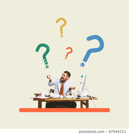 Contemporary art collage. Creative design. Overworking. Stress. Employee sitting at the table with many coffee cups and working on difficult project. Misunderstanding Contemporary art collage. Creative design. Overworking. Stress. Employee sitting at the table with many coffee cups and working on difficult project. Misunderstanding 97944231