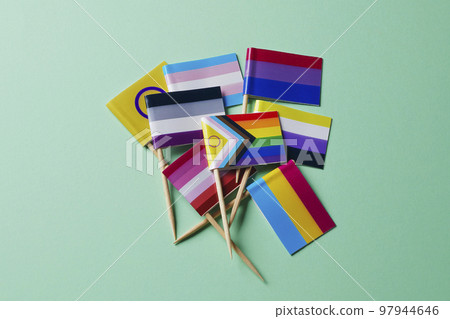 bung of LGBTIQA flags on a green background 97944646