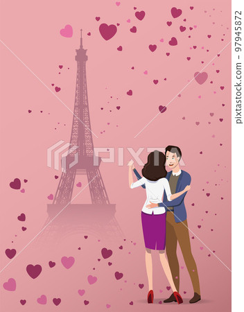 Dance of lovers in front of the Eiffel Tower. Vector. 97945872