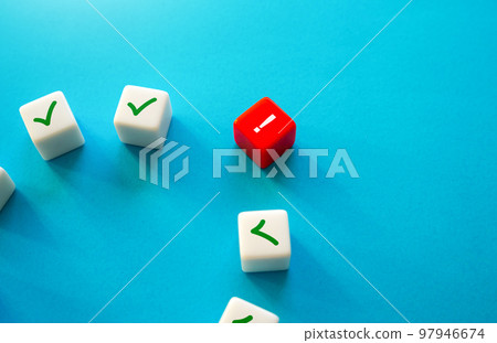 A problem that needs attention. A red warning. Critical error. Monitoring of system fault, troubleshooting. Mismatch. Investigating problems. Mistake correction. Repair and recovery. 97946674