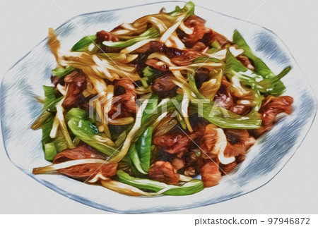 Delicious green pepper steak 97946872