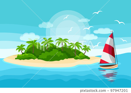 Seascape, paradise island with palm trees and a yacht on the sea. Illustration, background, vector Seascape, paradise island with palm trees and a yacht on the sea. Illustration, background, vector 97947201