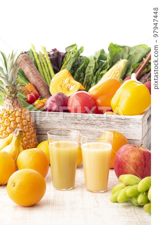 Collection of vegetables, fruits and smoothies 97947448