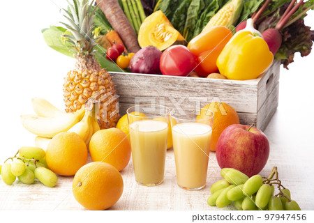 Collection of vegetables, fruits and smoothies Collection of vegetables, fruits and smoothies 97947456