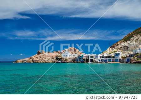The beach of Firapotamos in Milos, Greece 97947723