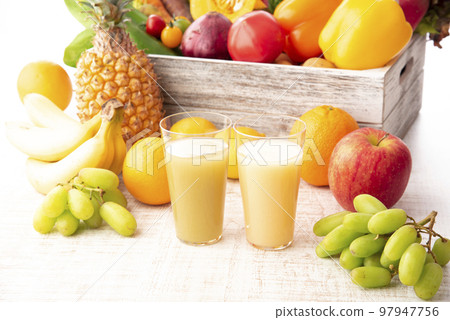 Collection of vegetables, fruits and smoothies Collection of vegetables, fruits and smoothies 97947756