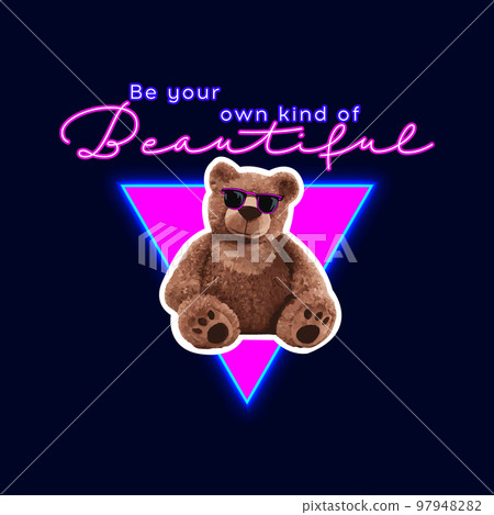 Beautiful cute neon brown bear doll slogan vector illustration on black background 97948282