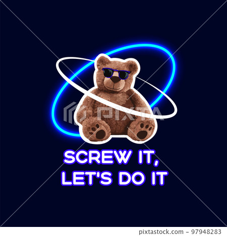 Beautiful cute neon brown bear doll slogan vector illustration on black background 97948283