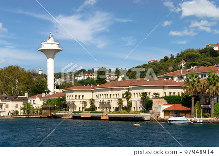 Saffet Pasa Mansion, and white radar, with green mountains of the Europian side of Bosphorus, Istanbul, Turkey 97948914