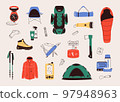 Flat design vector illustration of hiking, trekking or camping objects or equipment. Set includes icons of tent, backpack, gas stove, clothing, compass, multitool, travel mat and other accessories. 97948963