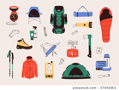 Flat design vector illustration of hiking, trekking or camping objects or equipment. Set includes icons of tent, backpack, gas stove, clothing, compass, multitool, travel mat and other accessories. 97948963