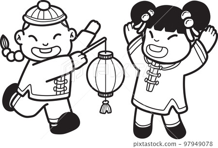Hand Drawn Chinese boy with lantern and Chinese girl illustration 97949078