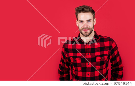 male hairdresser and barbershop. male beauty trend. bearded man with sexy bristle. facial hair skin care. handsome man wear checkered shirt. unshaven guy in casual style. copy space. Cowboy couture 97949144