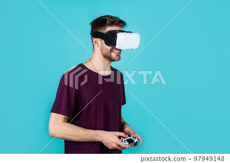 Enjoying new reality. male in wireless headset. guy use modern technology. digital future. 97949148