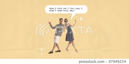 Contemporary art collage. Creative poster in retro style. Lovely couple spending time together. Concept of relationship, Valentine's Day, love, feelings, emotions. 97949254