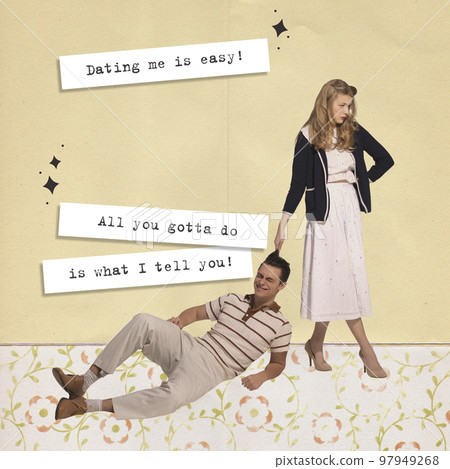 Poster. Funny young, beautiful, stylish couple in vintage style fashion clothes posing isolated over light background. 60s, 70s american culture concept 97949268