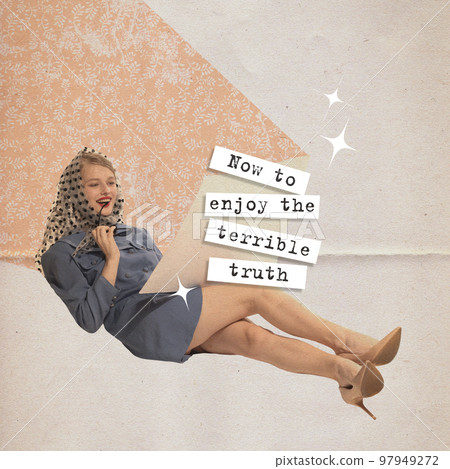 Creative conceptual poster with beautiful stylish young emotional woman in retro style outfit over light background with lettering in magazine style. 97949272