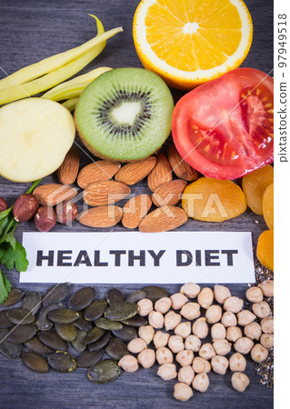 Inscription healthy diet with ingredients containing natural potassium, vitamin K Inscription healthy diet with ingredients containing natural potassium, vitamin K 97949518