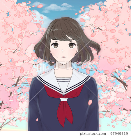 站在一排櫻花樹前的女學生插畫 水手服（藏青色） 97949519