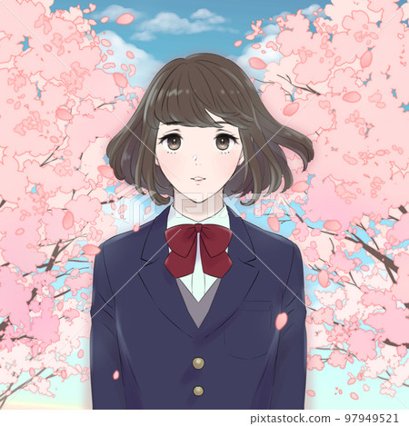 一名女學生穿著西裝外套站在一排櫻花樹前的插圖 一名女學生穿著西裝外套站在一排櫻花樹前的插圖 97949521