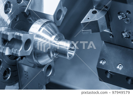 The CNC lathe machine thread cutting at the end of metal stud parts. The CNC lathe machine thread cutting at the end of metal stud parts. 97949579