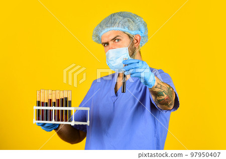 Laboratory Center Checks for blood test result. Feeling Unwell. man doctor work in hospital laboratory. Virus threat level. carrier of coronavirus. protective measures. coronavirus in China 97950407