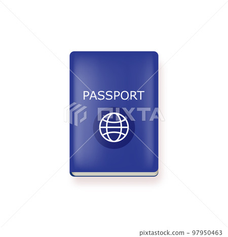 Vector blue international passport cover design template isolated on white background. Blue Passport icon with white earth globe and shadow Vector blue international passport cover design template isolated on white background. Blue Passport icon with white earth globe and shadow 97950463