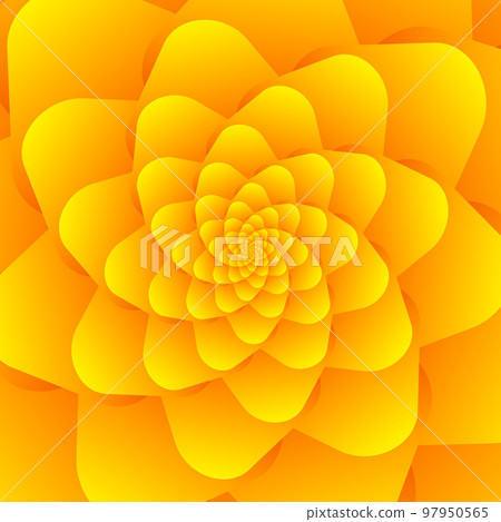 Beautiful abstract square pattern, illustration of an unusual flower with numerous gradient sharp orange-yellow petals that are layered on top of each other. Spiral effect. Beautiful abstract square pattern, illustration of an unusual flower with numerous gradient sharp orange-yellow petals that are layered on top of each other. Spiral effect. 97950565