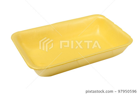 Empty yellow plastic container for products on a white background Empty yellow plastic container for products on a white background 97950596