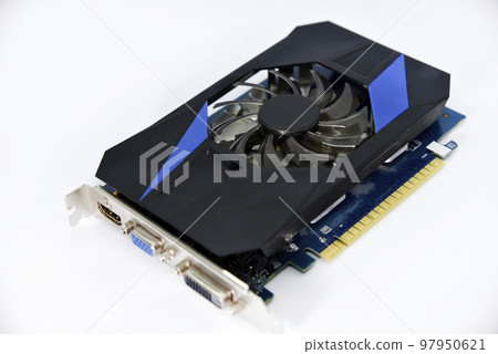 Blue graphics card with one fan on a white background. Accessories for computers. An electronic device. Blue graphics card with one fan on a white background. Accessories for computers. An electronic device. 97950621