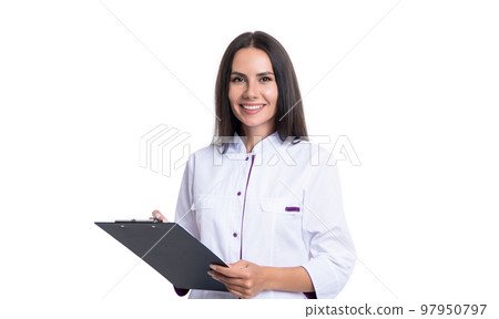 happy doctor with anamnesis in studio. photo of doctor hold anamnesis wear white coat. anamnesis 97950797