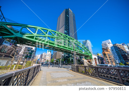 Tokyo cityscape of Japan: View of the Sobu Main Line Matsuzumicho Overpass and skyscrapers from Shoheibashi to the Shoheibashi intersection 97950811