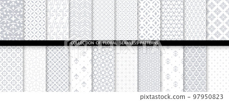 Geometric floral set of seamless patterns. White and gray vector backgrounds. Damask graphic ornaments Geometric floral set of seamless patterns. White and gray vector backgrounds. Damask graphic ornaments 97950823