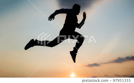 Freedom is not enough. personal achievement goal. man silhouette jump on sky background. confident businessman running. daily motivation. enjoying life and nature. business success. freedom 97951355