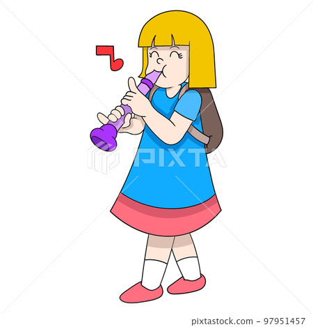 beautiful girl learning to play music flute school assignment 97951457