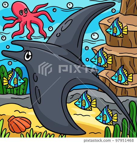 Manta Ray Marine Animal Colored Cartoon - Stock Illustration