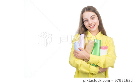 shopping. kid use shower gel. child cleaning hair with shampoo. daily habits 97951683