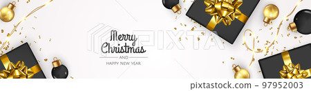 Christmas banner. Xmas background design with realistic christmas ball and golden confetti glitter. Christmas banner. Xmas background design with realistic christmas ball and golden confetti glitter. 97952003