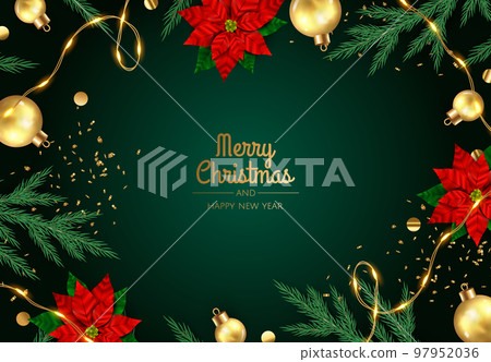 Merry Christmas and Happy New Year. Xmas background with poinsettia, Snowflakes, star and balls design. 97952036