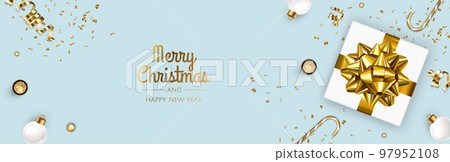 Christmas banner. Xmas background design with realistic gift box, snowflake and golden confetti glitter. Horizontal Christmas poster, greeting cards, headers, website 97952108