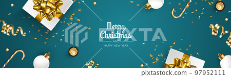 Christmas banner. Xmas background design with realistic christmas ball and golden confetti glitter. 97952111