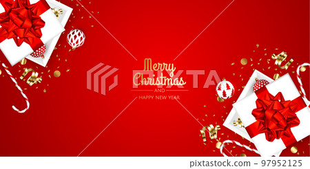 Merry Christmas and Happy New Year. Xmas Festive background with realistic 3d objects, gift box, blue and white balls. 97952125