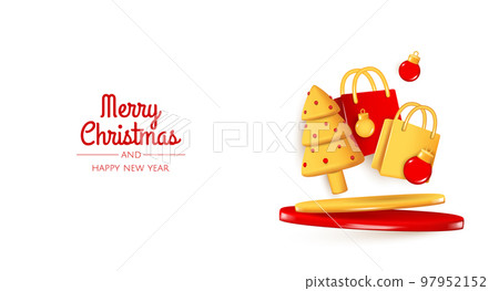 Christmas and New Year festive red background with round podium with realistic 3d balls, christmas trees, gift box, paper bag. Xmas winter composition. Banner and web poster, cover, brochure Christmas and New Year festive red background with round podium with realistic 3d balls, christmas trees, gift box, paper bag. Xmas winter composition. Banner and web poster, cover, brochure 97952152