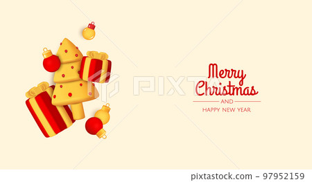 Merry Christmas and Happy New Year. Xmas Festive background with realistic 3d balls, gift and chrisrmas tree. Merry Christmas and Happy New Year. Xmas Festive background with realistic 3d balls, gift and chrisrmas tree. 97952159