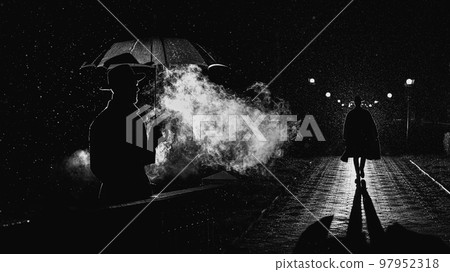 man spy agent detective in raincoat and hat in night city with rain in style of film noir man spy agent detective in raincoat and hat in night city with rain in style of film noir 97952318
