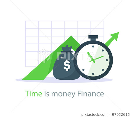 Income growth graph, money bag and clock face, return on investment chart, budget planning, time is money concept 97952615