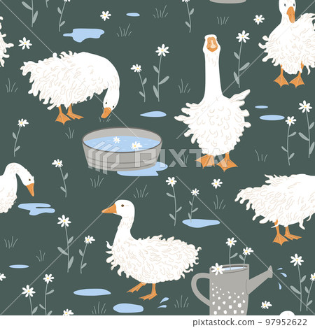 Cute seamless pattern with Sebastopol goose, doodle flowers, and paddles after the rain. Geese in the grass. Vector illustration on green background Cute seamless pattern with Sebastopol goose, doodle flowers, and paddles after the rain. Geese in the grass. Vector illustration on green background 97952622