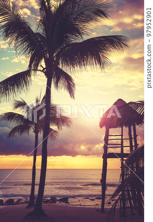 Caribbean beach at sunset, color toning applied, Mexico. Caribbean beach at sunset, color toning applied, Mexico. 97952901
