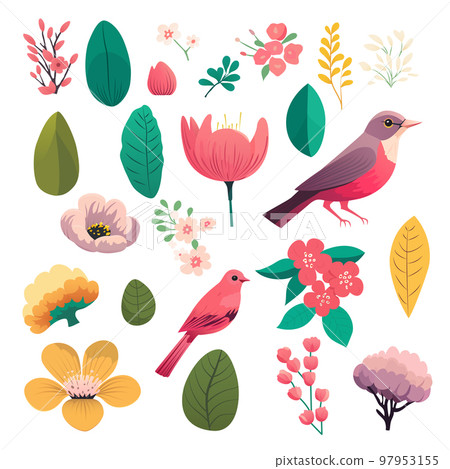 Set of spring elements. Hand drawn flowers, plants and birds. Botanic elements. Collection garden and wild foliage, flowers, branches 97953155